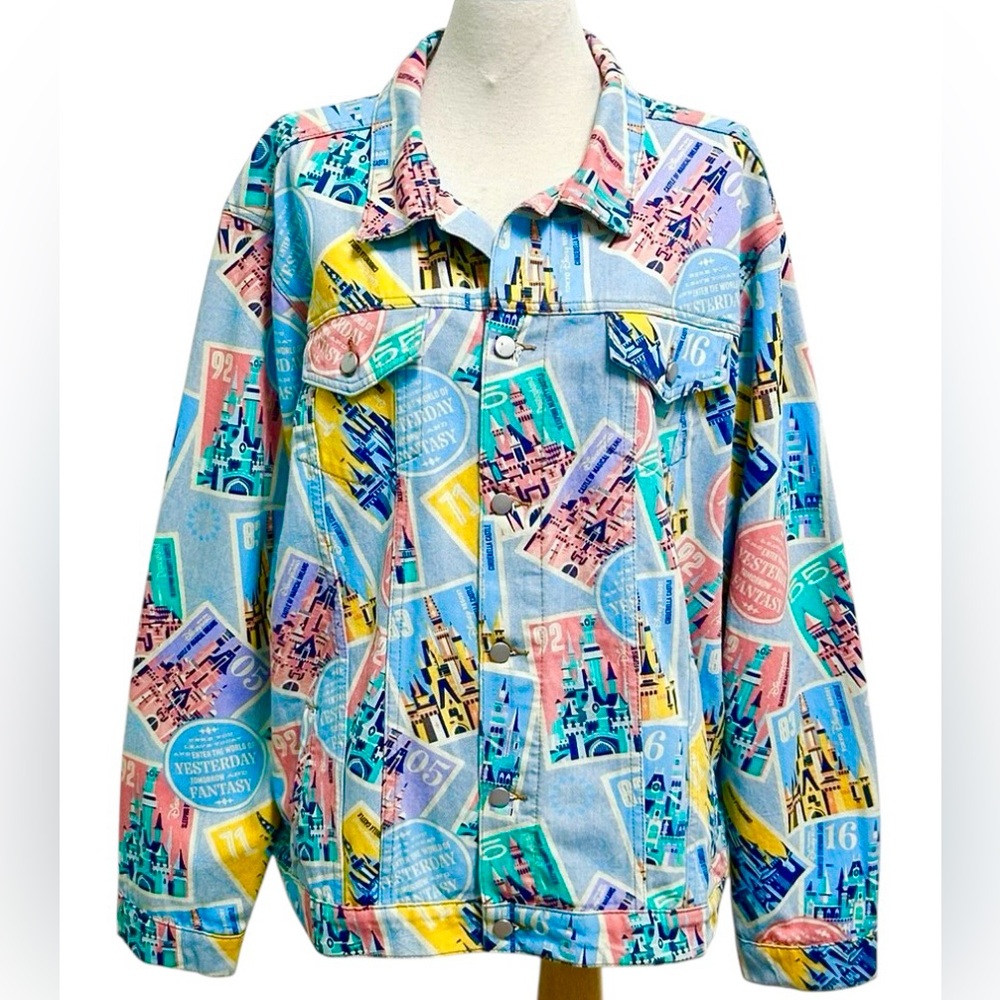 Disney Parks 2022 D23 Castles Stamps Button Up Light Wash Denim Jacket XL UNISEX